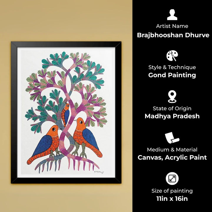 11 x 16 Inch | 3 Birds on Tree | Original Hand Painted Tribal Gond Art Painting | Acrylic Paint On Paper