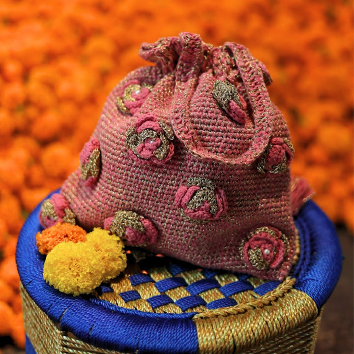 Handmade Crochet Pink & Golden Bloom Potli