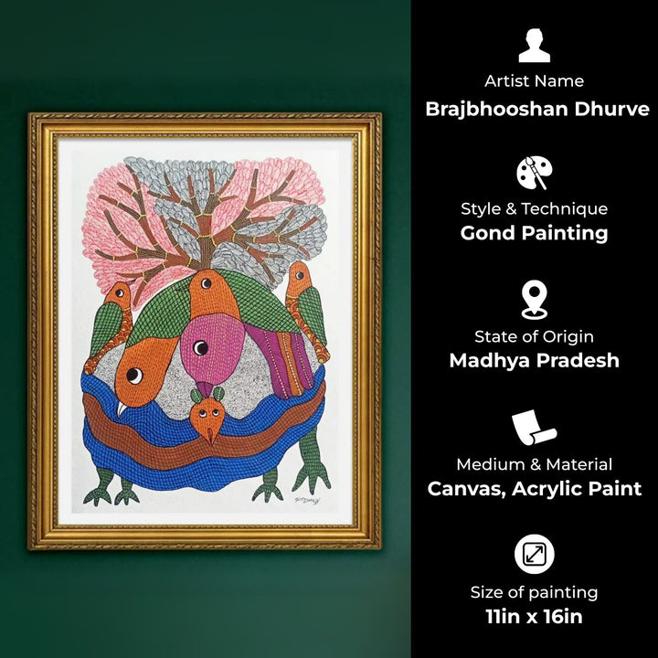 11 x 16 Inch | Bird with Tree of Life | Original Hand Painted Tribal Gond Art Painting | Acrylic Paint On Paper