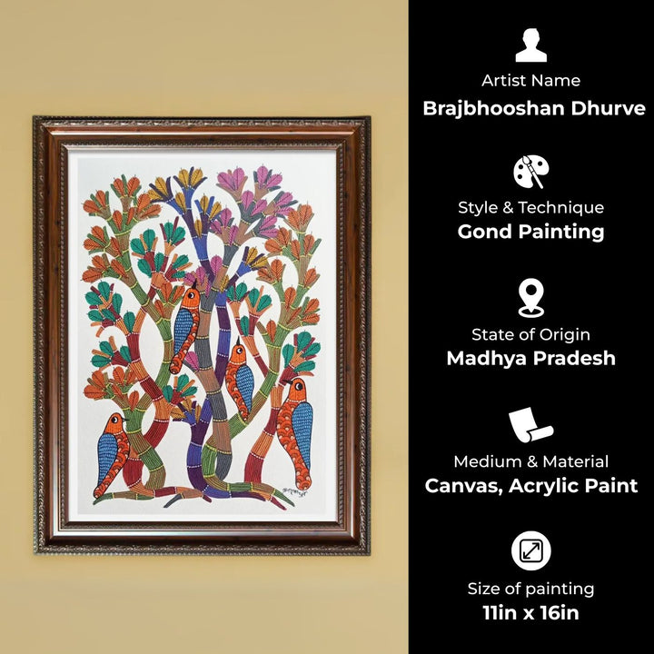 11 x 16 Inch | Birds & Nature | Original Hand Painted Tribal Gond Art Painting | Acrylic Paint On Paper
