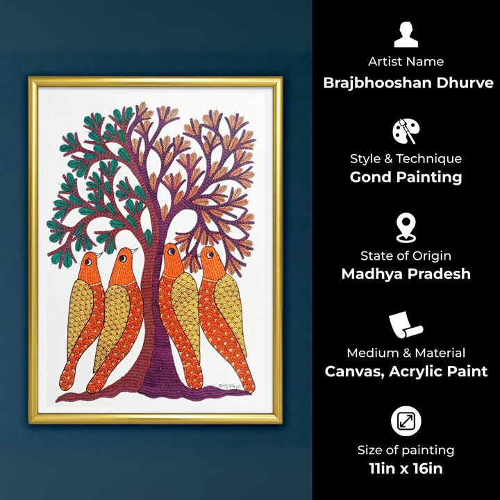 11 x 16 Inch | Birds & Tree | Original Hand Painted Tribal Gond Art Painting | Acrylic Paint On Paper