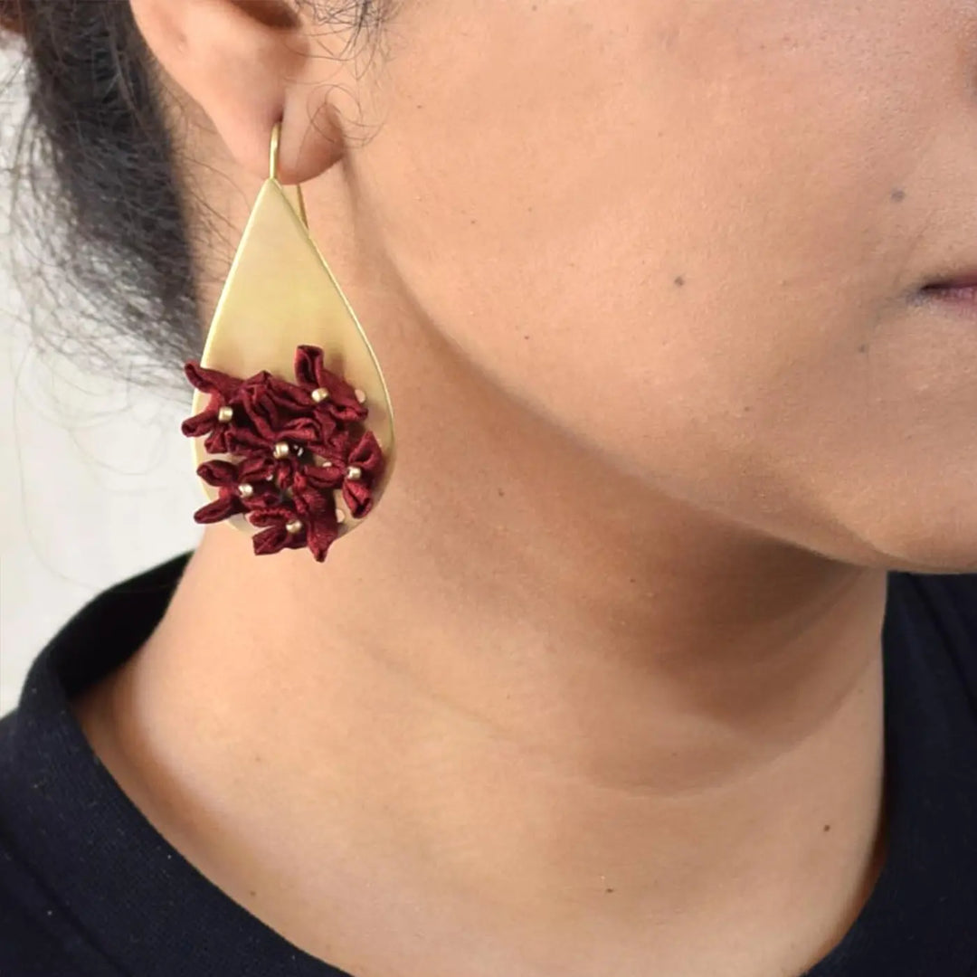 Handmade Textile Art Floral Drop Shaped Dupion Silk Fabric Earrings