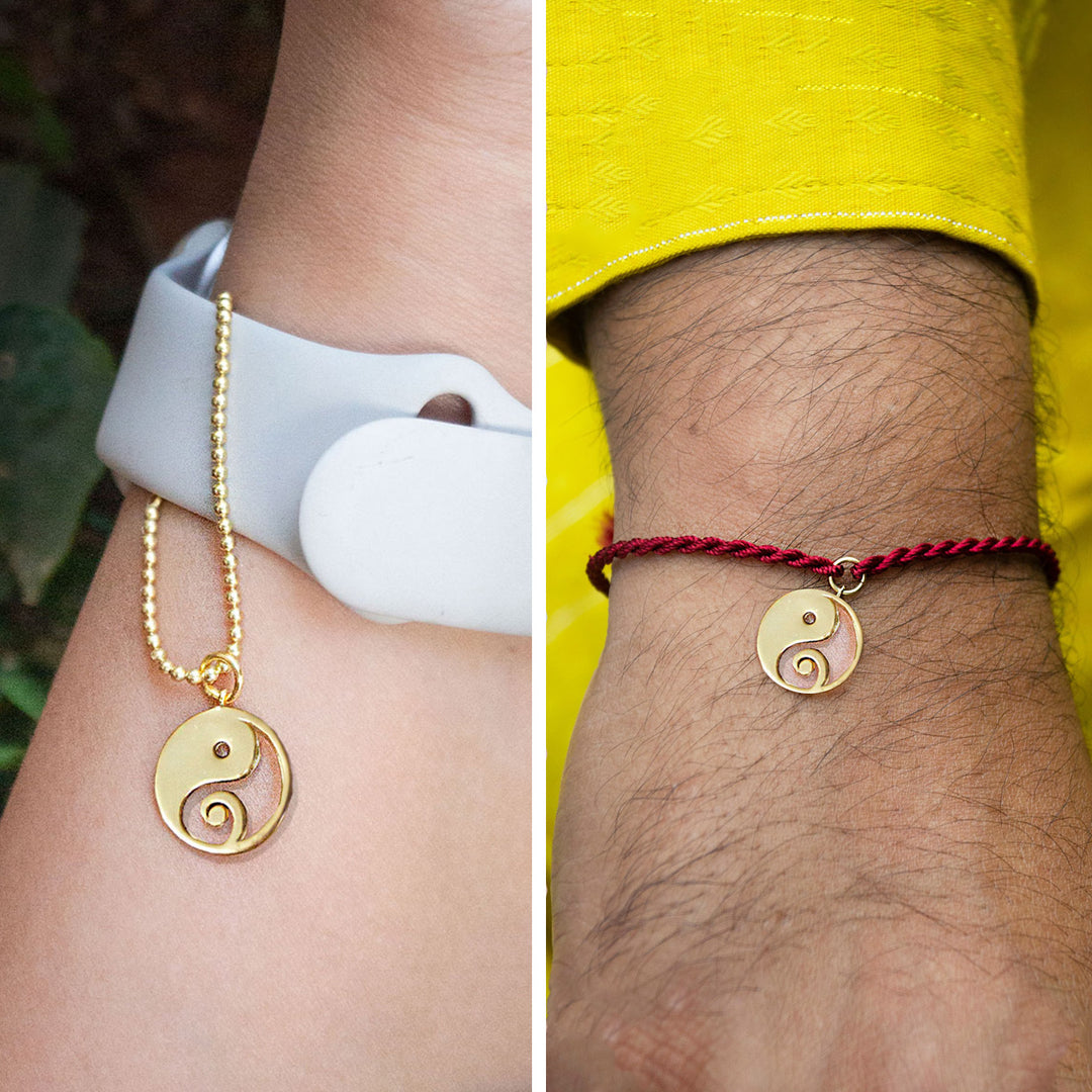 Yin And Yang With Ganesha Gold Plated Sterling Silver Rakhi & Lumba Set With Roli Chawal For Bhaiya Bhabhi | Set of 2