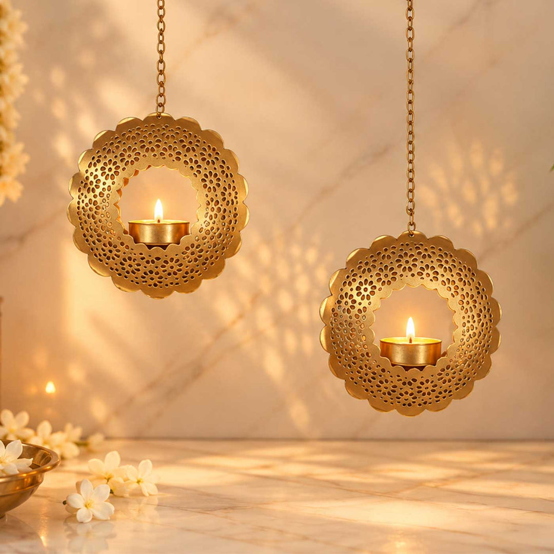 Set of 2 | Handmade Round Etched Hanging Metal Votive Tealight Holders For Festive Decor