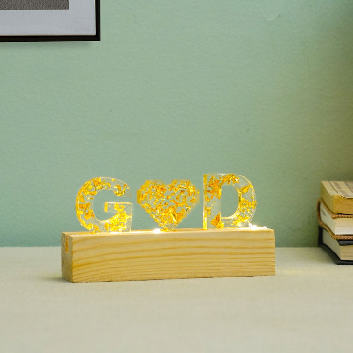 Handmade Resin White & Gold Tabletop Name Plate with Couple Initials & LED Lights