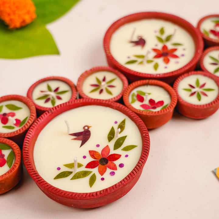 10 Diyas | Handmade Soy Wax & Dry Flower Festive Diyas | 2 Boxes, 5 Diyas per Box