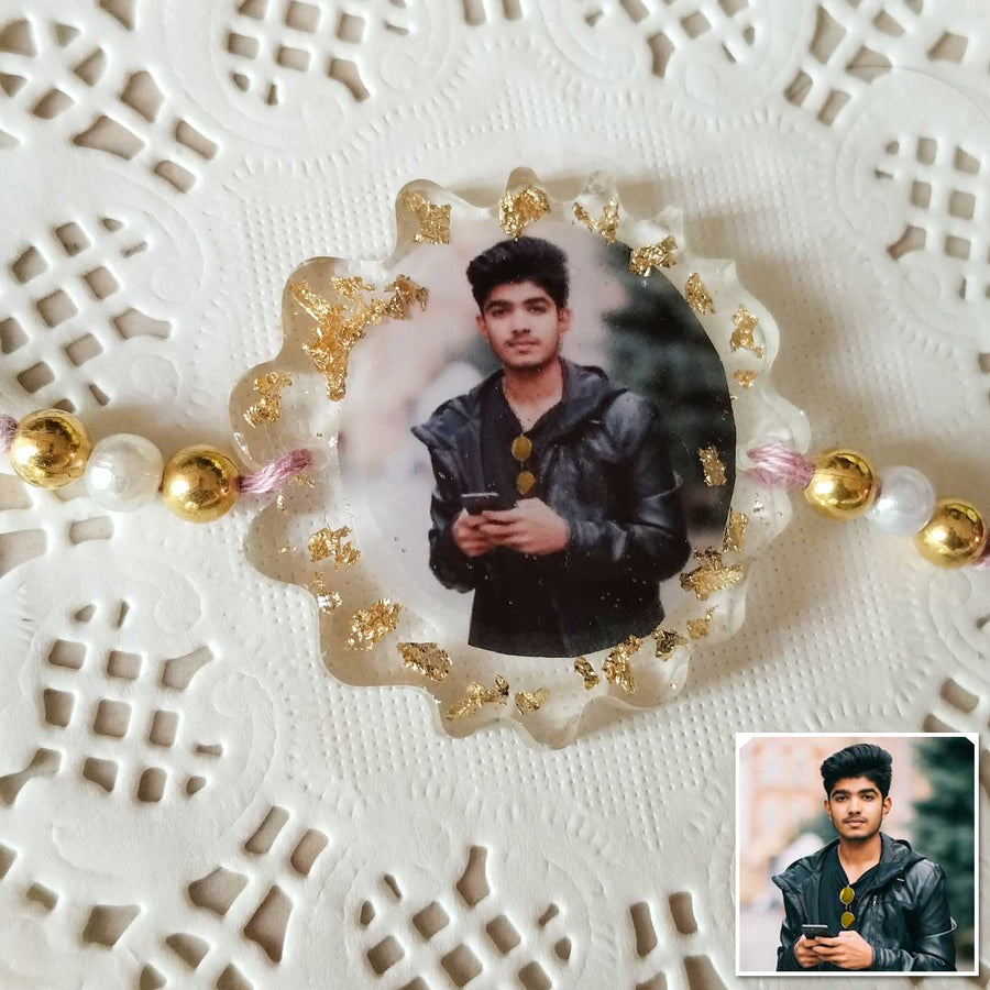 Photo Personalized Flower Shape Resin Rakhi - Close-up of Customized Charm