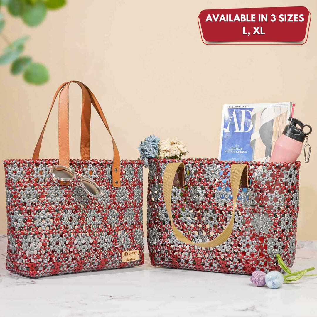 Maroon and Grey Tara Knot Handmade Koodai Tote Bag