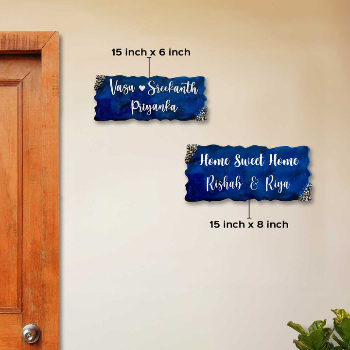 Navy Blue Personalized Marble Effect Rectangle Resin Name Plate | With 3D Acrylic Letters & Gold Stone Embellishment