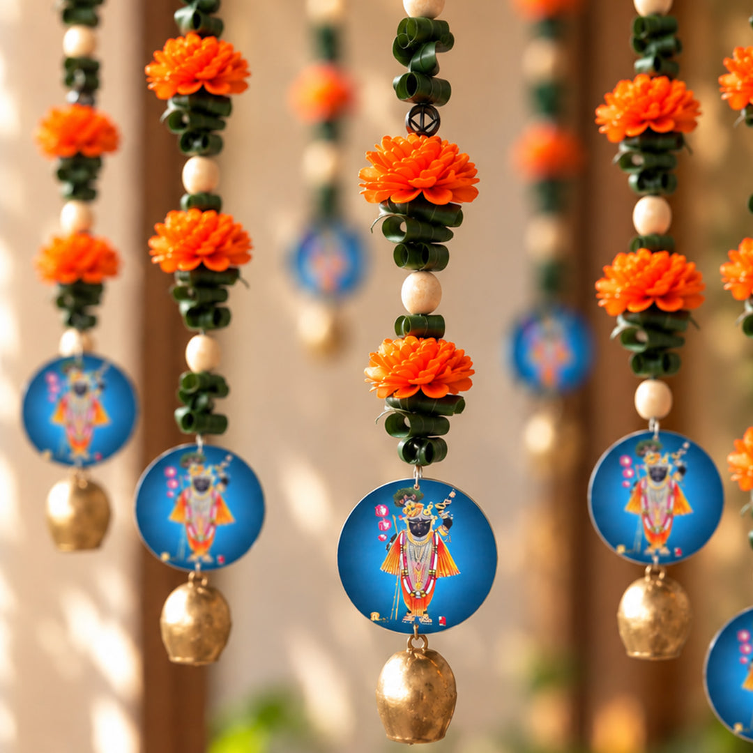 2 Pc | Handmade Shreenathji Motif Orange Shola Flower Hanging