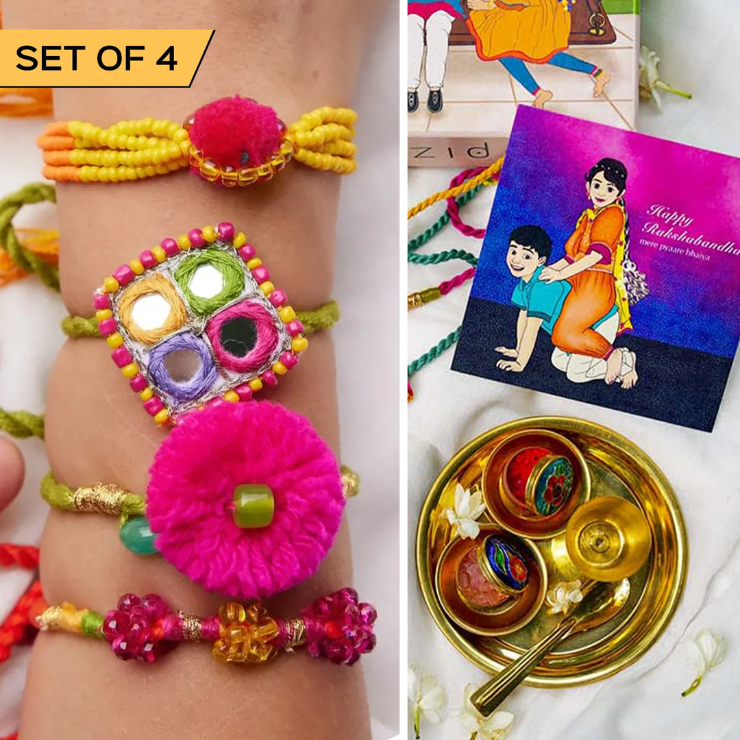 4 pc Rakhi + Brass Thali Set | Premium Erika Pom Pom Rakhi Set with Roli Chawal