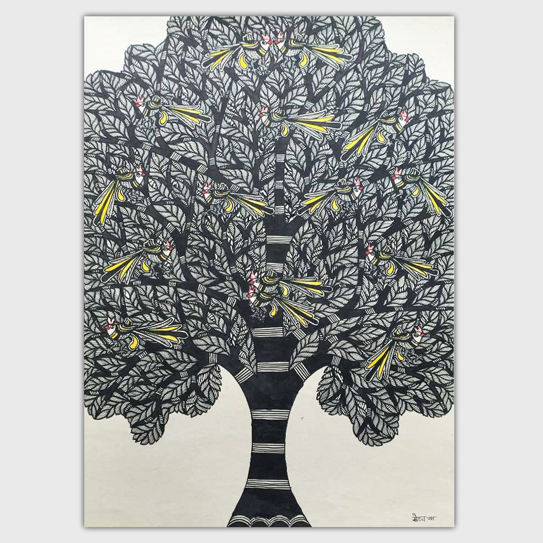 22 x 30 Inch | Birds In Tree | Original Hand Painted Madhubani Painting | Natural Pigments On Paper