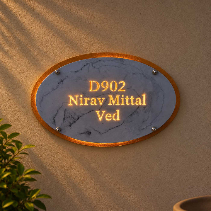 Marble Effect Personalized Led Backlit Handcrafted Epoxy Resin Name Plate With Cut Through Illuminated Lettering For Home