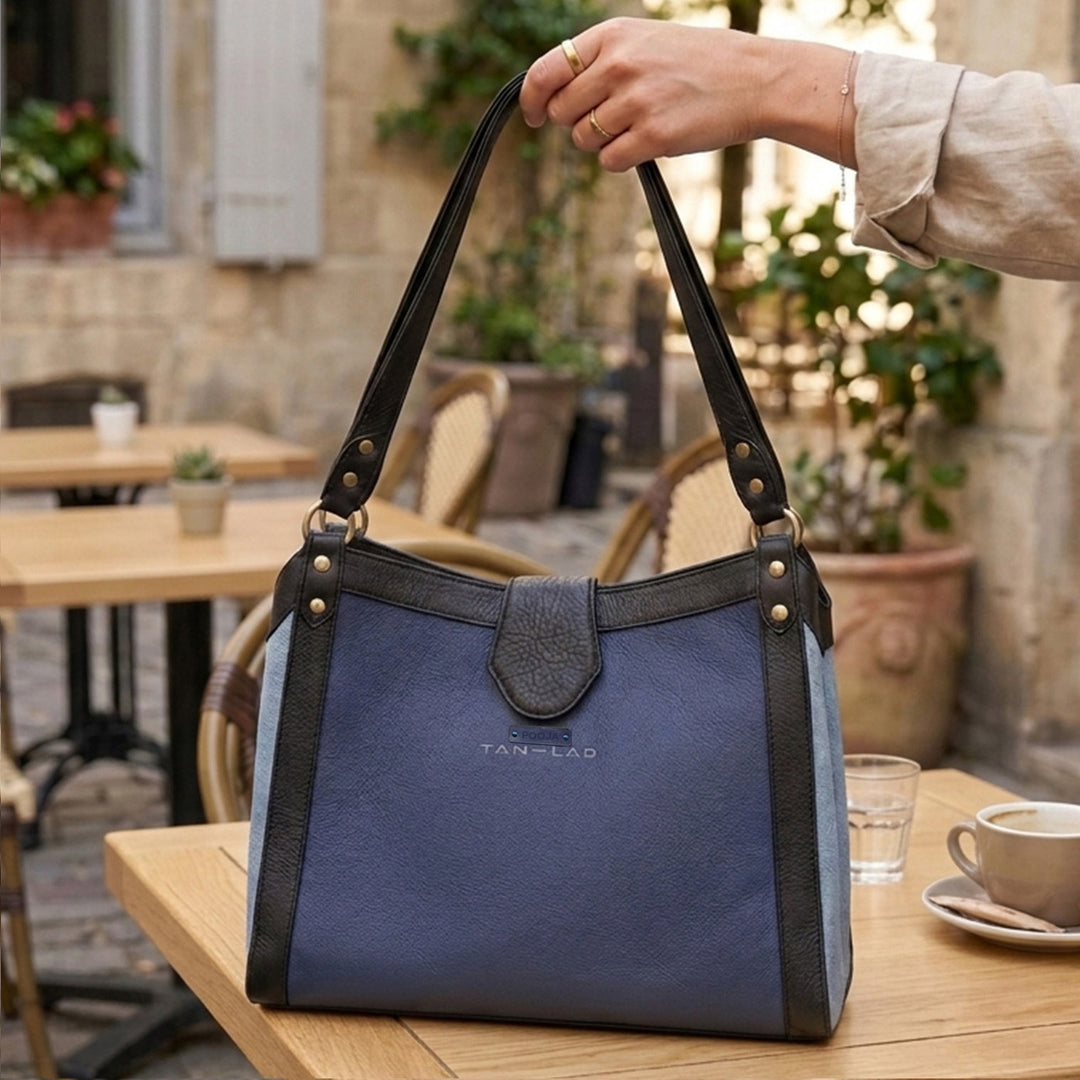 Personalized Blue Serena Leather Tote Bag