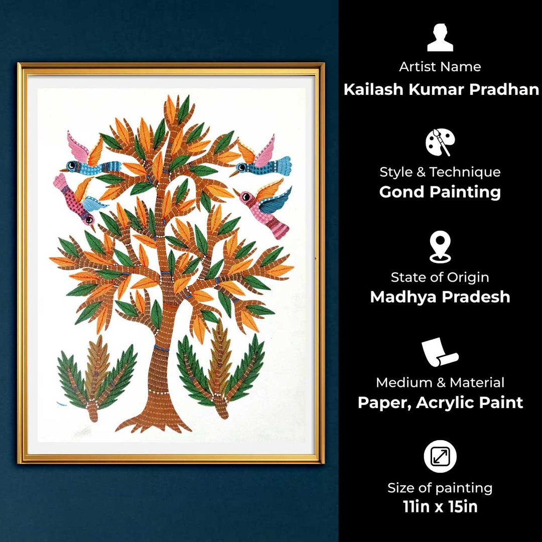 11 x 15 Inch | Birds Around Tree | Original Hand painted Tribal Gond Art Painting | Acrylic Paints On Paper