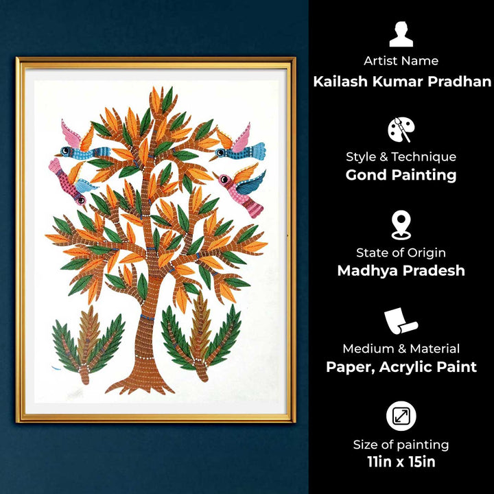 11 x 15 Inch | Birds Around Tree | Original Hand painted Tribal Gond Art Painting | Acrylic Paints On Paper