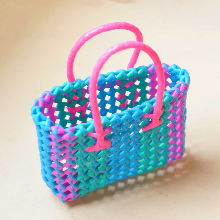 Handwoven Blue & Pink Small Plastic Wire Koodai Bag For Festive Return Gifts
