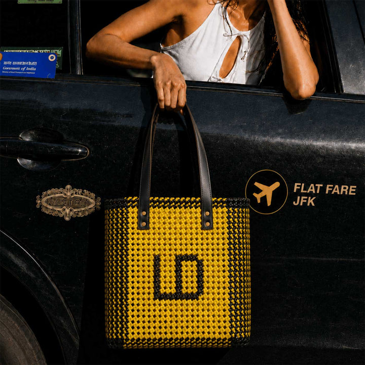 Yellow & Black Personalized Monogram Handmade Wire Koodai Tote Bag