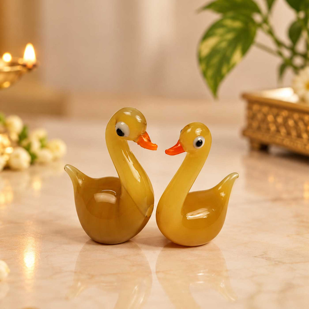 Set of 2 | Handmade Blown Glass Olive Brown Swan Miniature Figurine For Decor