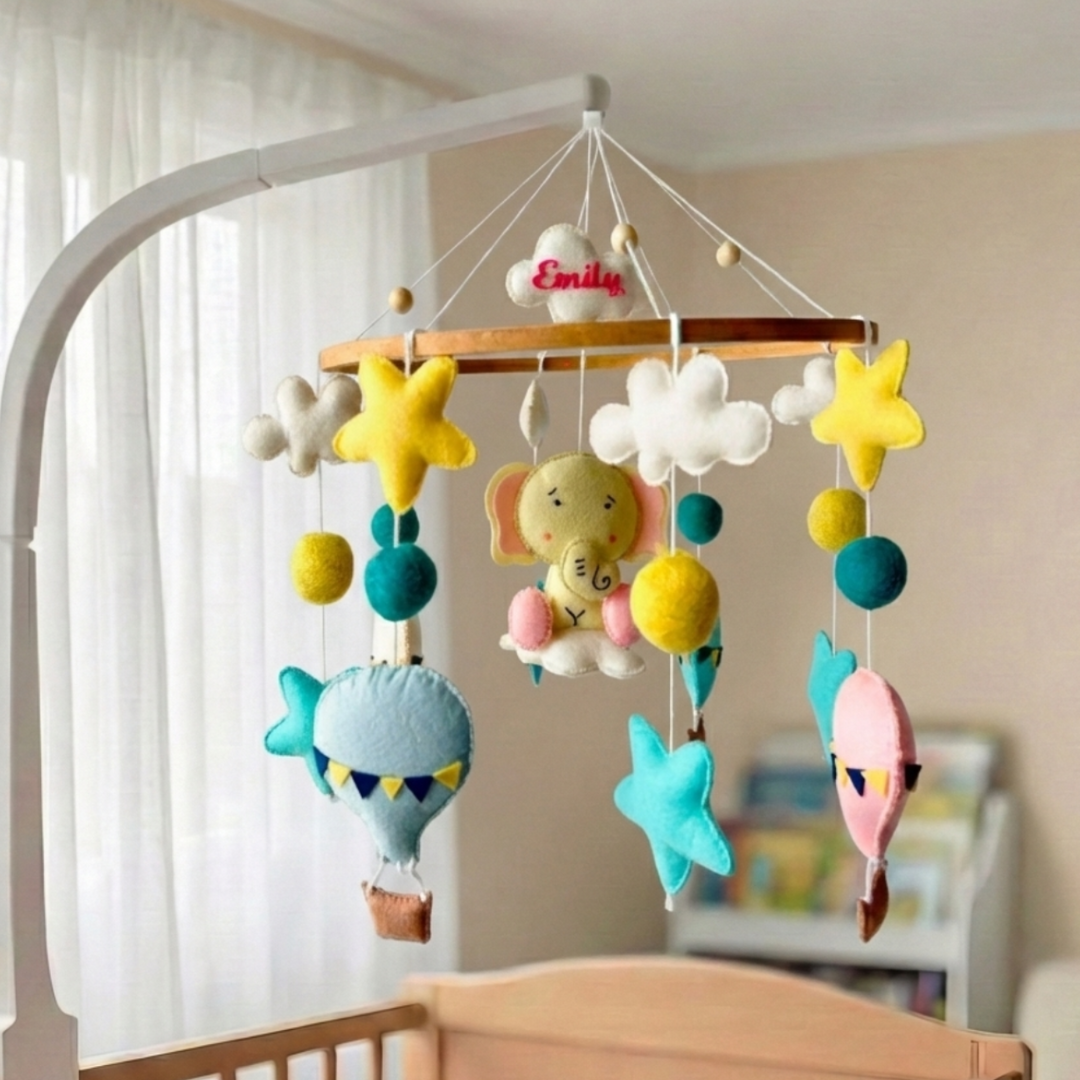 Personalized Handmade Elephant Air Adventure Felt Cot Mobile For Newborns