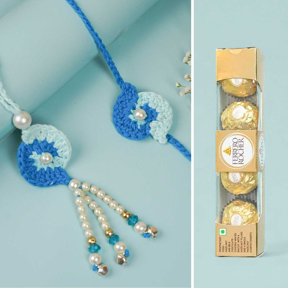 Customized Handmade Crochet Spiral Bhaiya Bhabhi Rakhi With Roli Chawal - Front View with Packaging