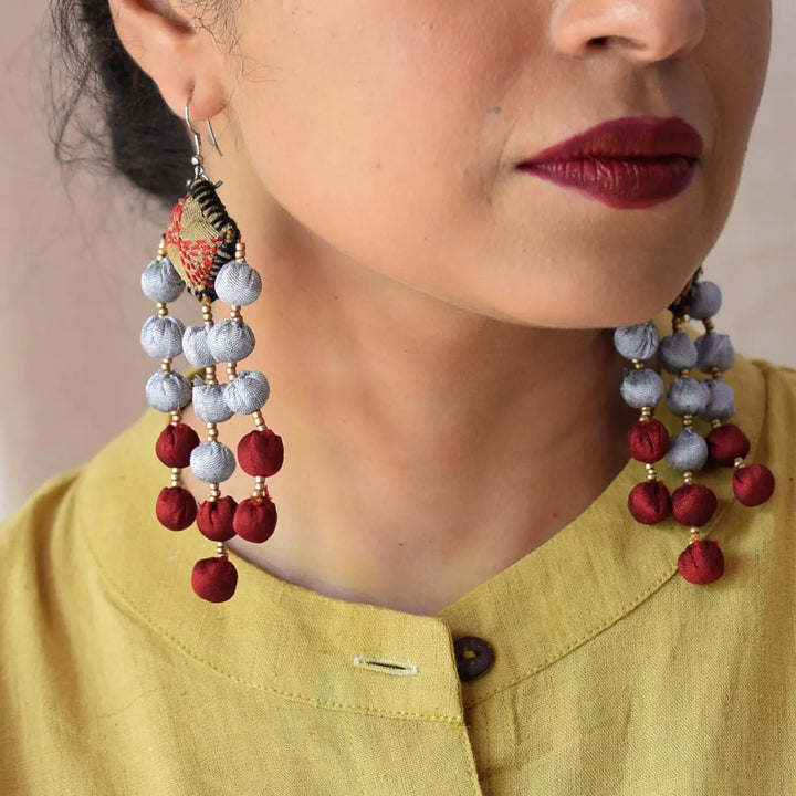Handmade Textile Art Round Tassels Dupion Silk Fabric Earrings