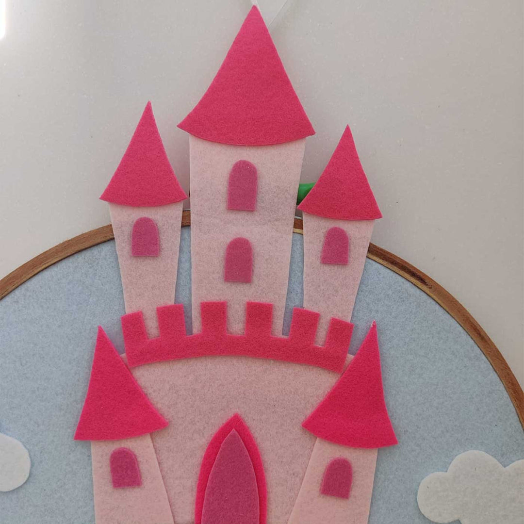 Personalized Handmade Princess And Castle Felt Hoop Name Plate - Mounted on Circular Frame Background