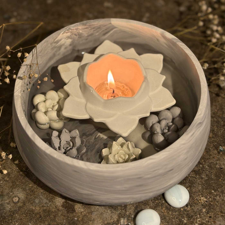 Handmade Radiance Concrete Gift Hamper | Includes 1 Urli, 1 Flower Candle Holder, 4 Succulent