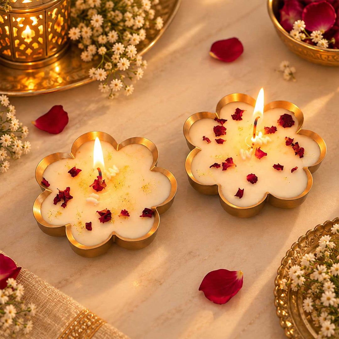 2 pc | Handmade Dry Rose Soy Wax Scented Iron Urli Candle For Festive Decor