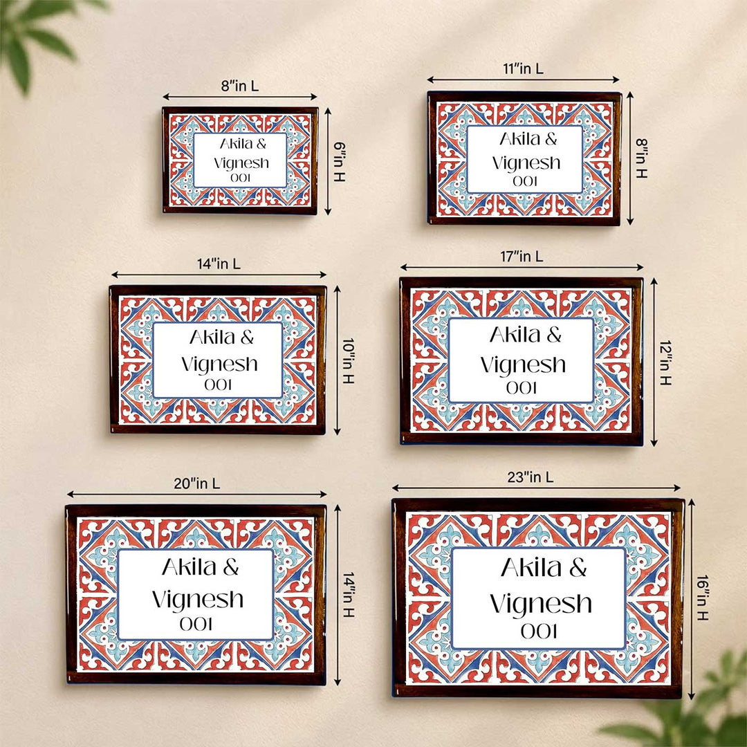 Karaikudi Tile Vintage Personalized Resin & Teak Wood Frame Name Plate For Home | Rectangle