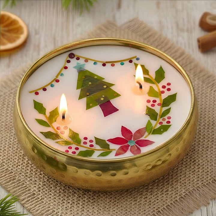 4 Inch | Handmade Pressed Flower Xmas Tree & Holly Theme Brass Candle | Packed in a Gift Box