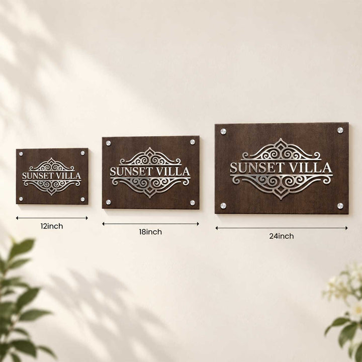 Personalized Ornate Design Villa Rubber Wood Name Plate With 3D Metal Text For Home