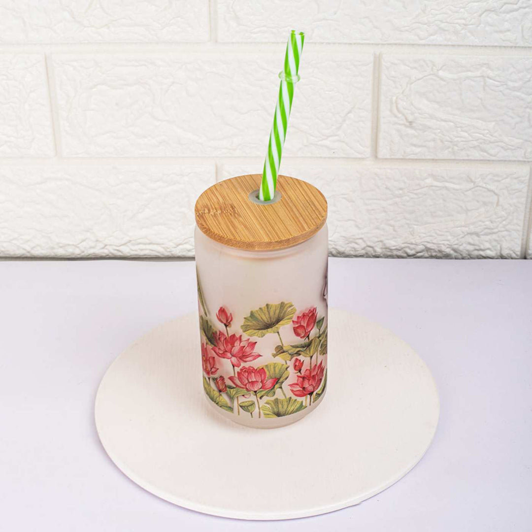Frosted Printed Mason Jar with Wooden Lid & Straw | 350 ml