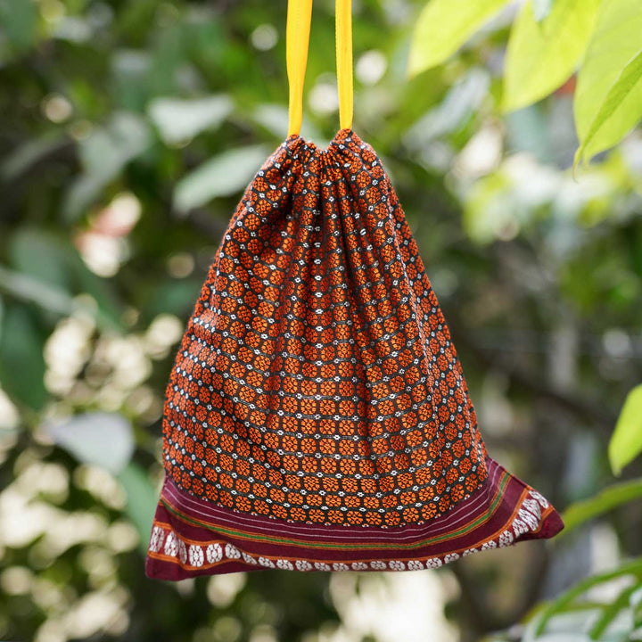 Handmade Orange Khunn Fabric Cotton Thamboolam Potli