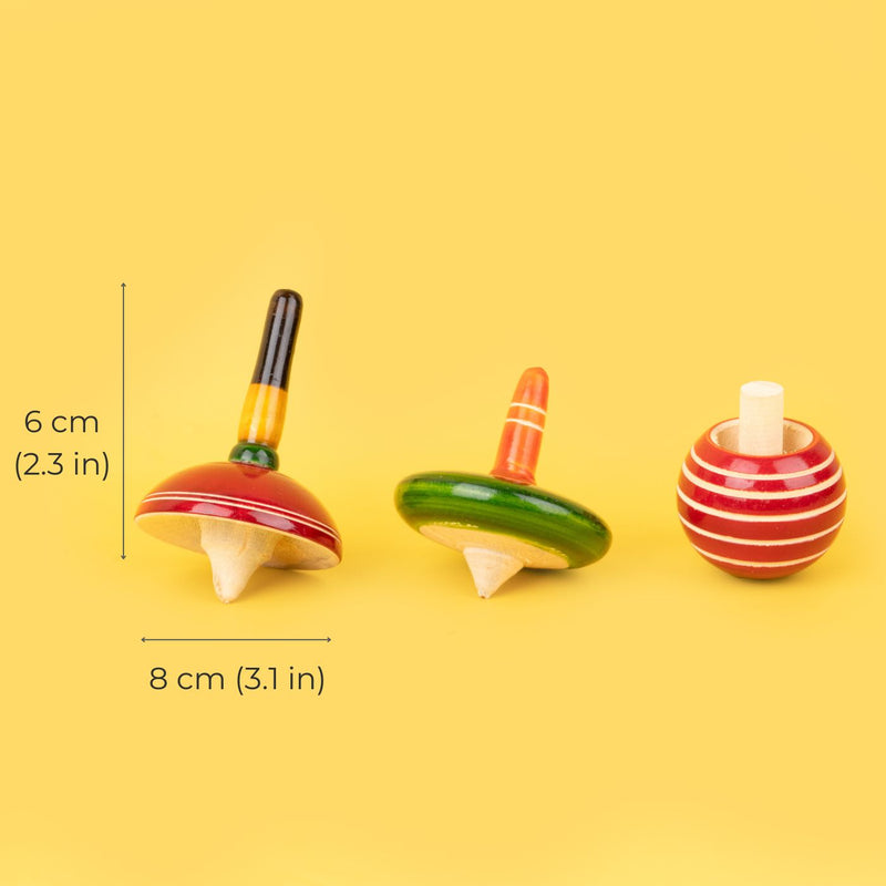 Handmade Wooden Spinning Top Toy For Kids (Set of 3) Zwende