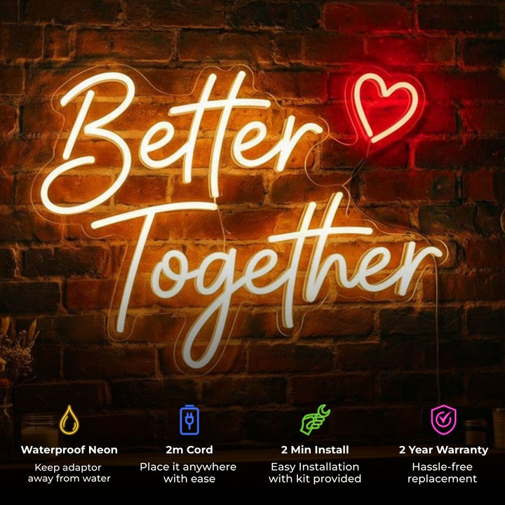 Personalized Handmade "Better Together" Neon Light Sign Board With Heart for Couple Decor