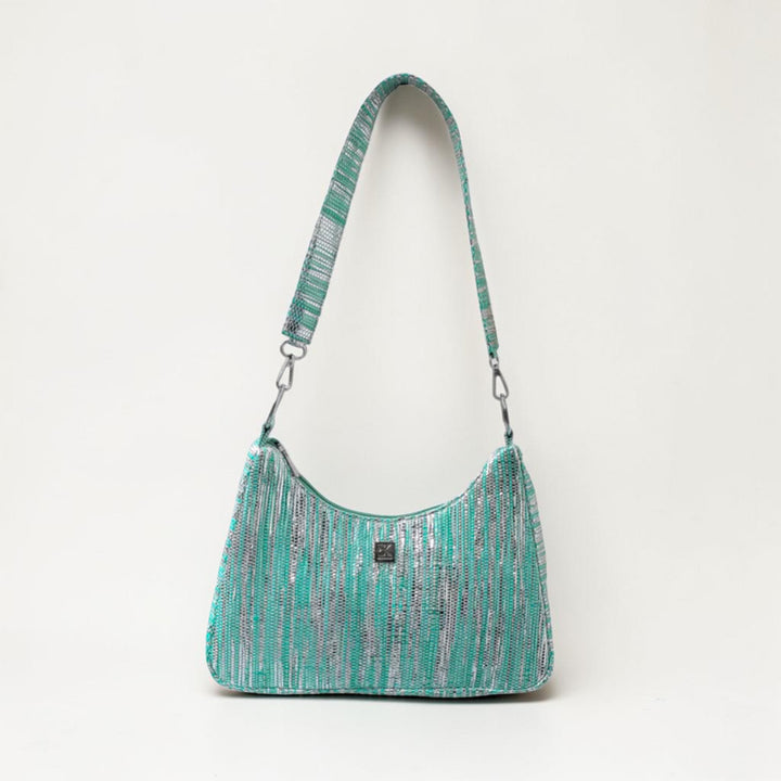 Sea Blue and Silver Striped Upcycled Plastic Handcrafted Baguette Handbag