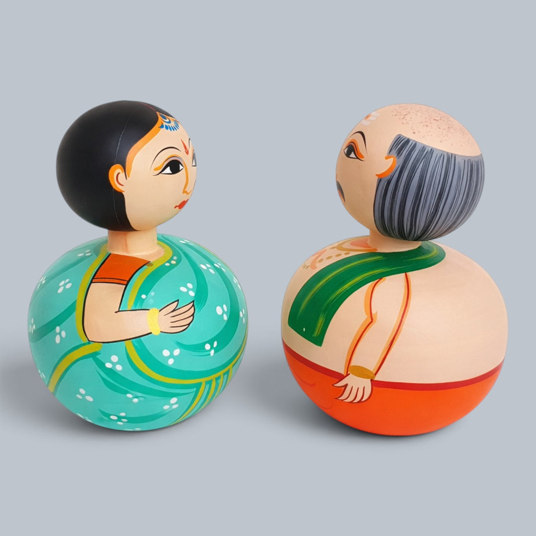 Set of 2 | Hand-Painted Teal & Red Bobble Head Couple Wooden Golu Dolls For Gifting & Decor