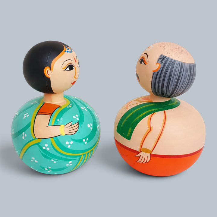 Set of 2 | Hand-Painted Teal & Red Bobble Head Couple Wooden Golu Dolls For Gifting & Decor