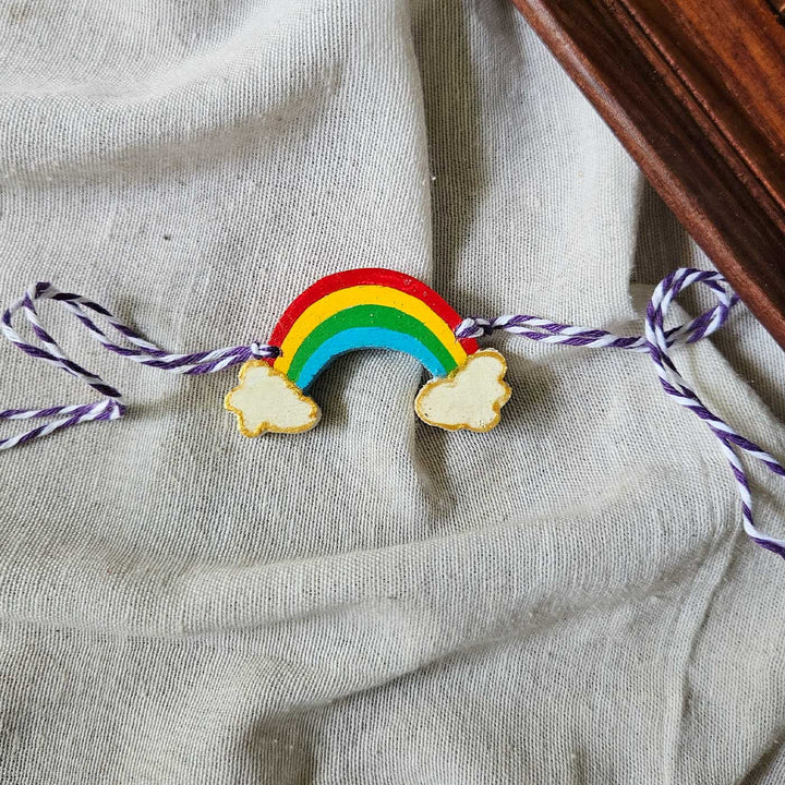 Handpainted Quirky Wooden Rakhi With Roli Chawal 5 New - Front View with Tied Strings