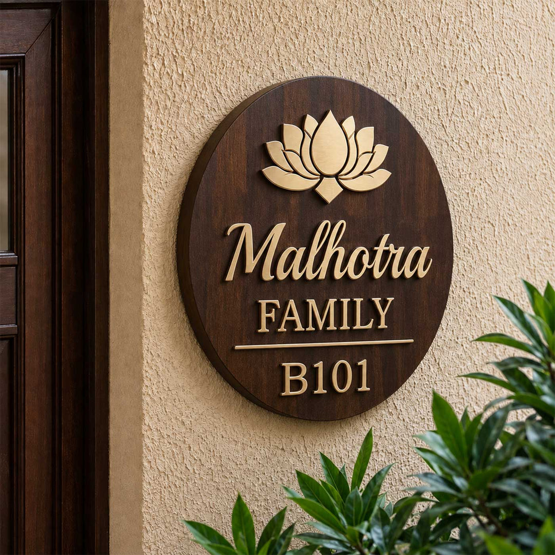 Personalized Lotus Motif Led Backlit Round Rubber Wood Name Plate With Brass Letters For Home