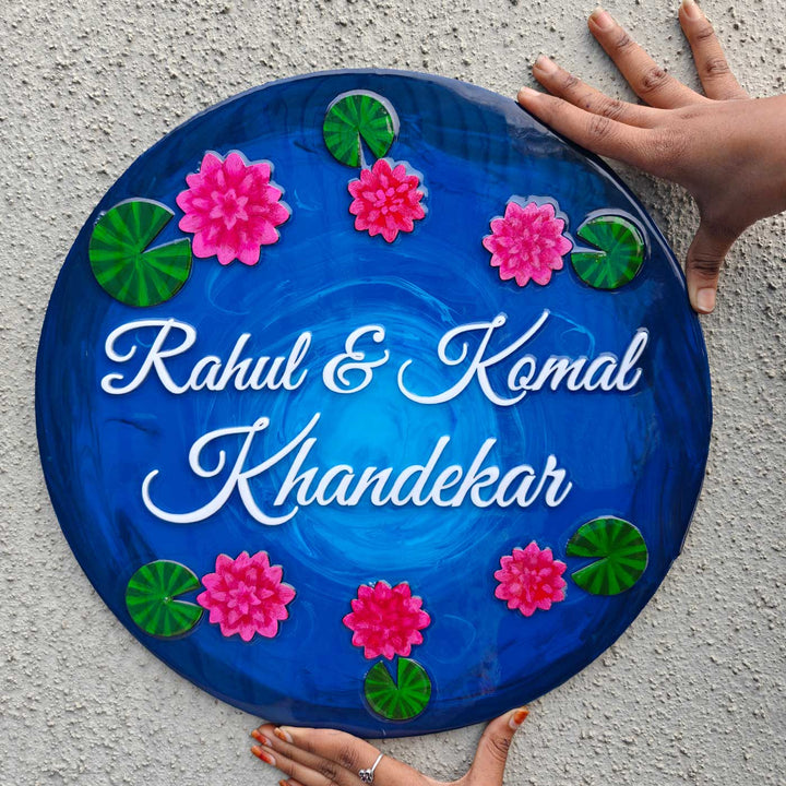Blue Resin Lotus Pond Handmade Personalized Name Plate