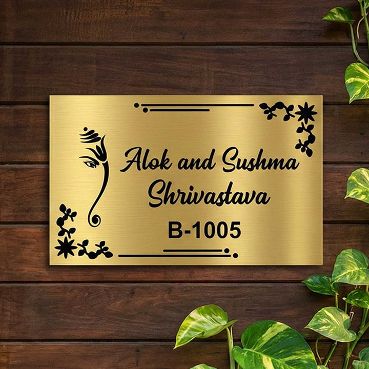 Sleek Ganesha Engraved Personalized Golden Metal Name Plate | Rectangular, Outdoor, Weather Proof