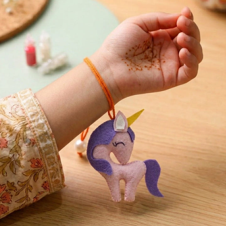 Handmade Unicorn Felt Rakhi With Roli Chawal