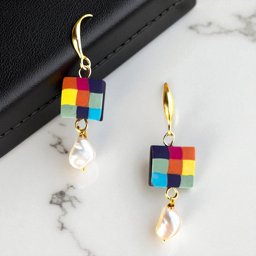 Handmade Polymer Clay Madras Fabric Check Design Earrings