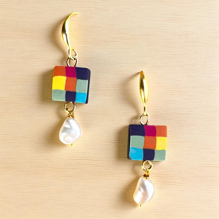 Handmade Polymer Clay Madras Fabric Check Design Earrings