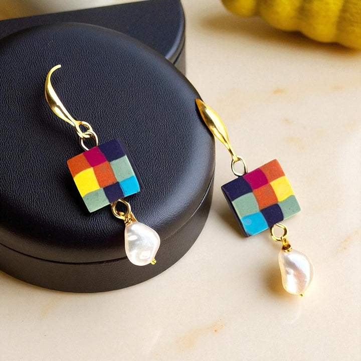 Handmade Polymer Clay Madras Fabric Check Design Earrings
