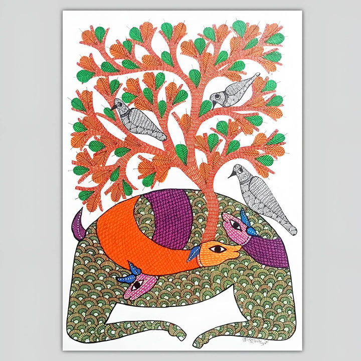 11 x 16 Inch | Deer with Tree & Birds | Original Hand Painted Tribal Gond Art Painting | Acrylic Paint On Paper