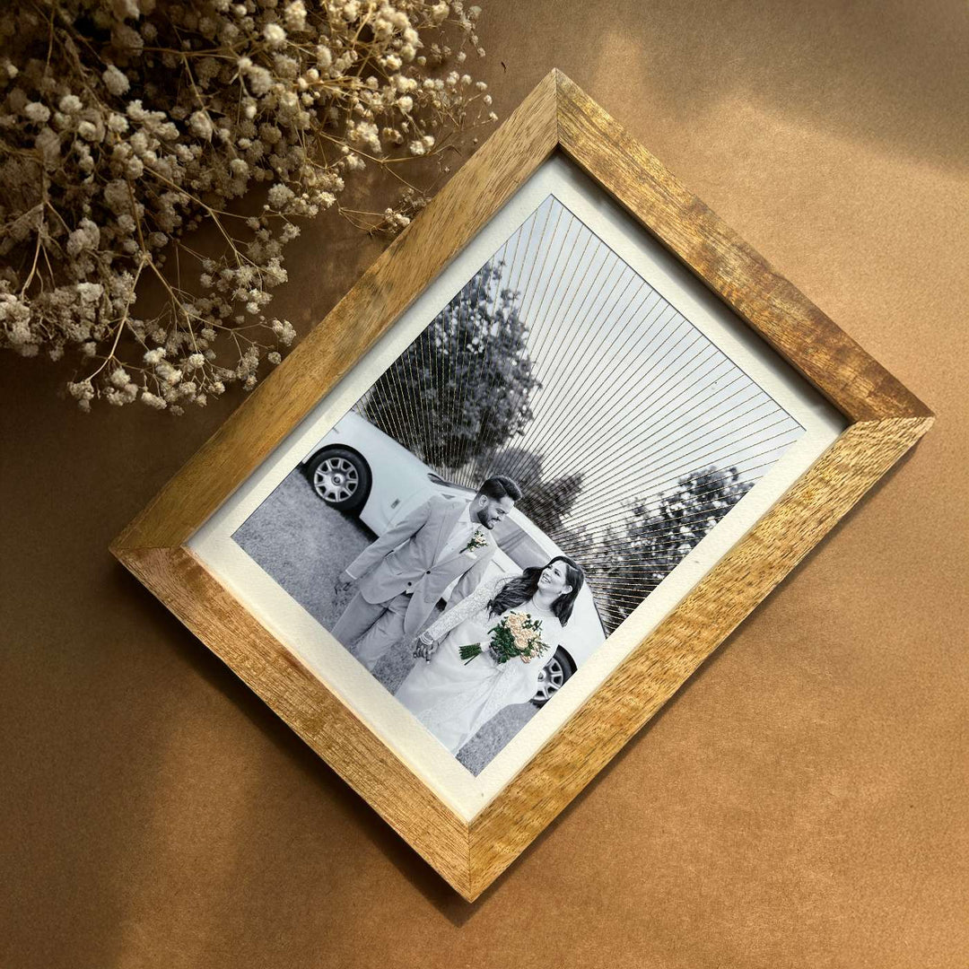 Bouquet And Golden Rays Design Hand Embroidered Photo With Wooden Frame