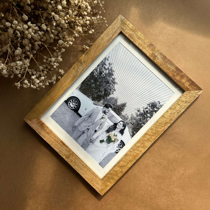 Bouquet And Golden Rays Design Hand Embroidered Photo With Wooden Frame